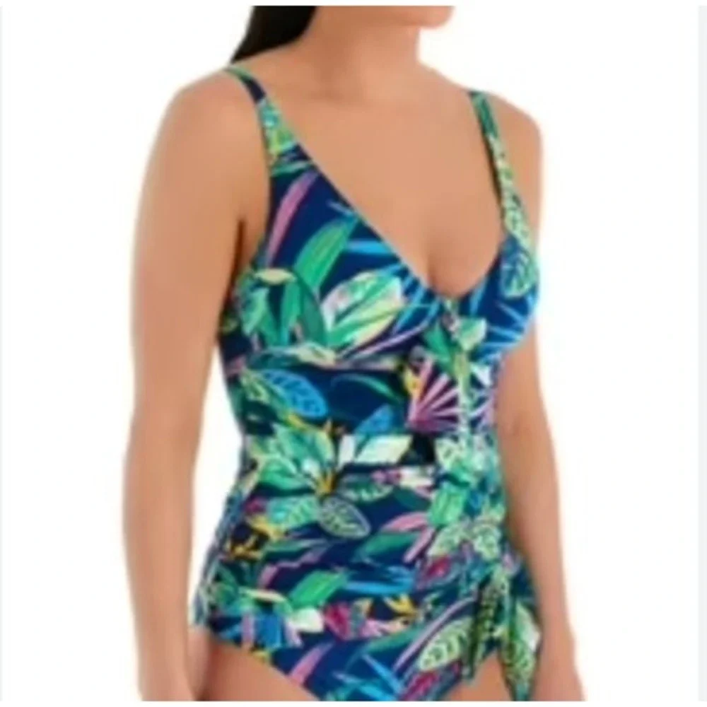 2/$30 Bleu Rod Beattie Blue Tropical Leaf Print One Piece Swimsuit Small